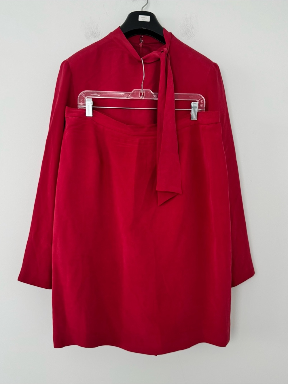 Kenneth Nolan 2 Pc Skirt Suit Set 16 Red 100% Silk Tie Neck Blouse Office Siren